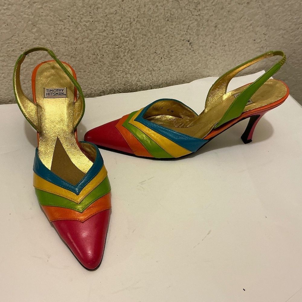 RARE VTG Timothy Hitsman rainbow swing back skinny point heel pump SIZE 8M